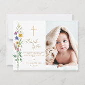 Floral Wildflower Photo Baptism  サンキューカード (正面)