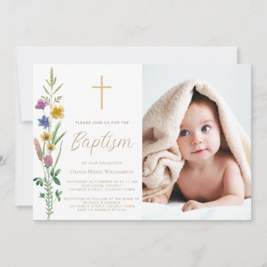 Floral Wildflower Photo Baptism 招待状 (正面)