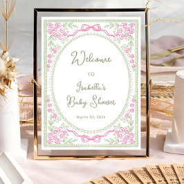 Floral Wildflower Pink Green Baby Shower Welcome  ポスター