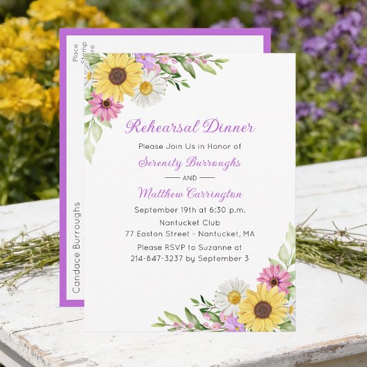Floral Wildflower Sunflower Daisy Rehearsal Dinner インビテーションポストカード