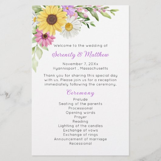 Floral Wildflower Sunflower Daisy Wedding Program (正面)