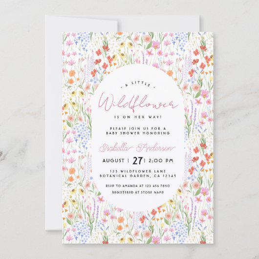 Floral Wildflowers Spring Summer Pink Baby Shower 招待状 (正面)