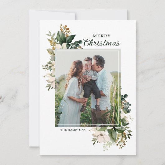 Floral Winter Greenery Elegant Photo Christmas シーズンカード (正面)