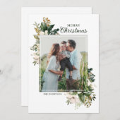 Floral Winter Greenery Elegant Photo Christmas シーズンカード (正面/裏面)