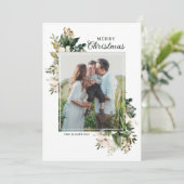 Floral Winter Greenery Elegant Photo Christmas シーズンカード (スタンド正面)