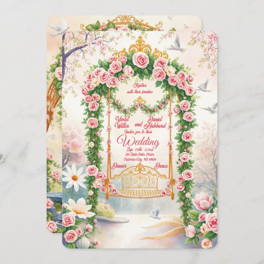 Floral with Gold Swing Wedding Invitation 招待状 (正面/裏面)