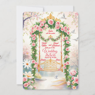 Floral with Gold Swing Wedding Invitation 招待状
