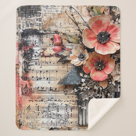 Floral with Rustic Piano Keys & Aged Music Sheet 1 シェルパブランケット (正面)