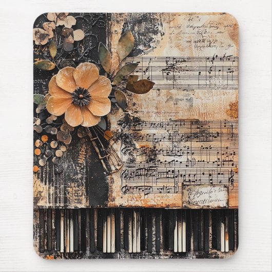 Floral with Rustic Piano Keys & Aged Music Sheet 2 マウスパッド (正面)