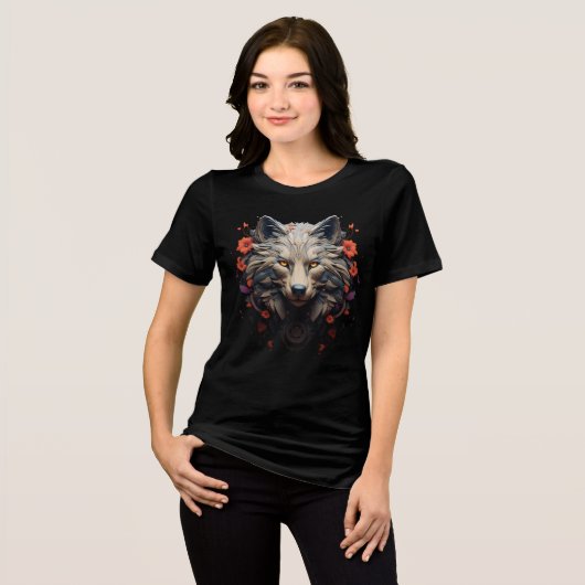 Floral Wolf Face – Bold Tribal Fantasy Art トライブレンドＴシャツ (正面全面)