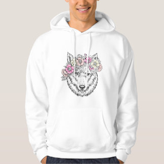Floral Wolf Line Art – Boho Wild Animal with Flowe パーカ