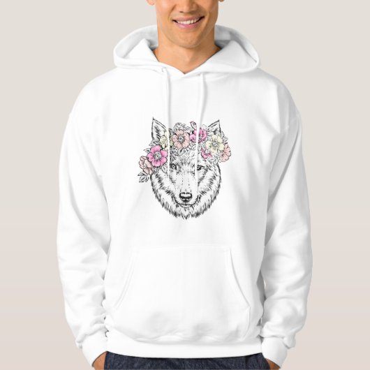 Floral Wolf Line Art – Boho Wild Animal with Flowe パーカ (正面)