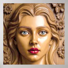 Floral Wooden Portrait of an Elegant Woman ポスター