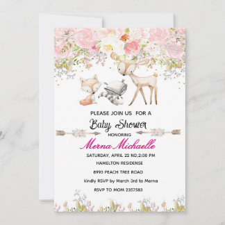 floral woodland animal baby shower invitation 招待状