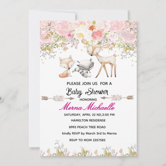 floral woodland animal baby shower invitation 招待状 (正面)