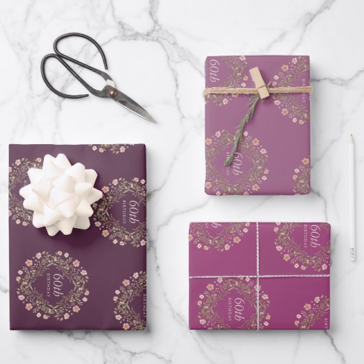 Floral Wreath 60th Birthday Wrapping Paper Set ラッピングペーパーシート (正面)