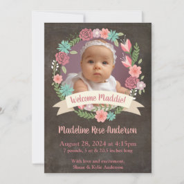 Floral Wreath Baby Girl Photo Birth Announcement 案内状
