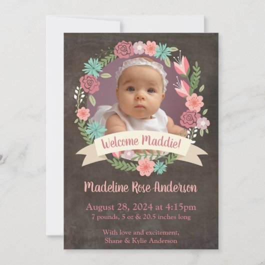 Floral Wreath Baby Girl Photo Birth Announcement 案内状 (正面)
