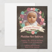 Floral Wreath Baby Girl Photo Birth Announcement 案内状 (正面/裏面)