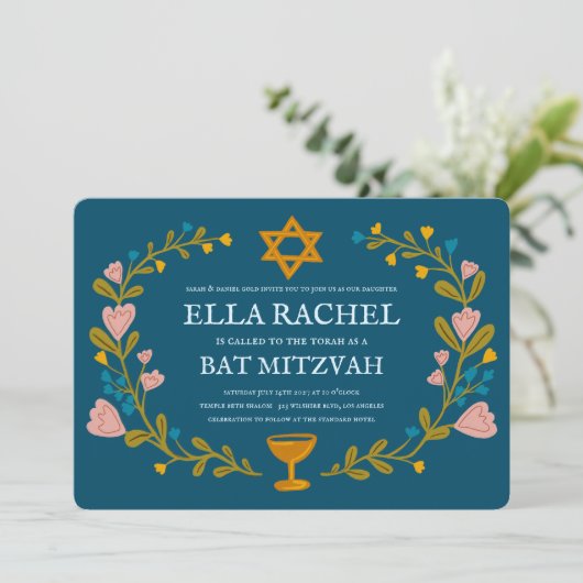 Floral Wreath Bat Mitzvah Hand-drawn Custom  招待状 (スタンド正面)