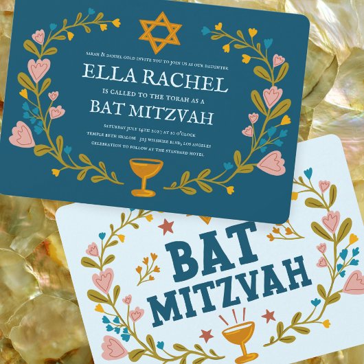 Floral Wreath Bat Mitzvah Hand-drawn Custom 招待状