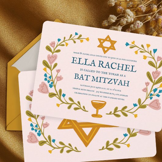 Floral Wreath Bat Mitzvah Hand-drawn Custom  招待状