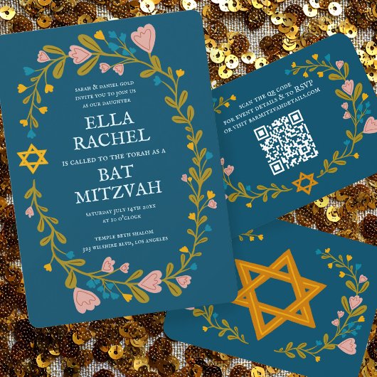 Floral Wreath Bat Mitzvah Hand-drawn Custom 招待状