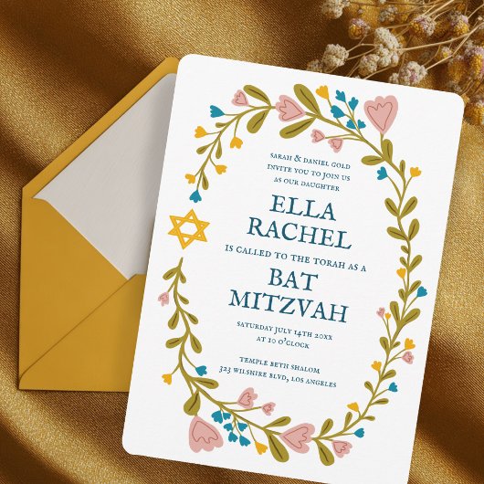 Floral Wreath Bat Mitzvah Hand-drawn Custom 招待状