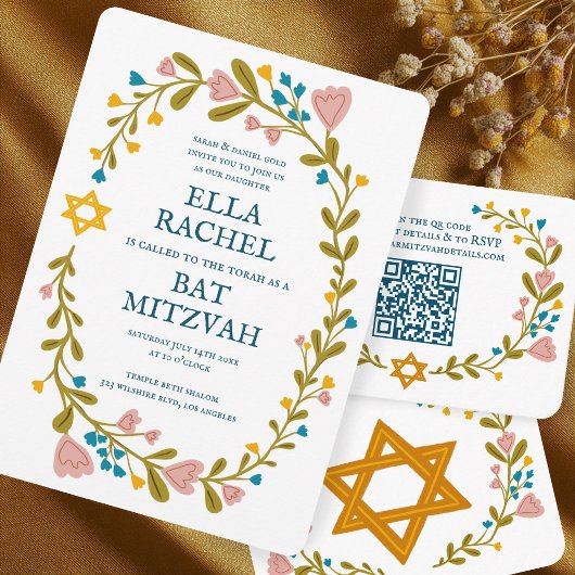 Floral Wreath Bat Mitzvah Hand-drawn Custom 招待状