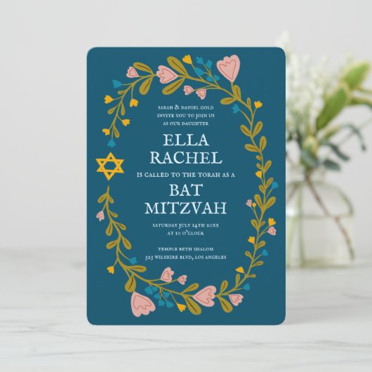 Floral Wreath Bat Mitzvah Hand-drawn Custom 招待状 (スタンド正面)