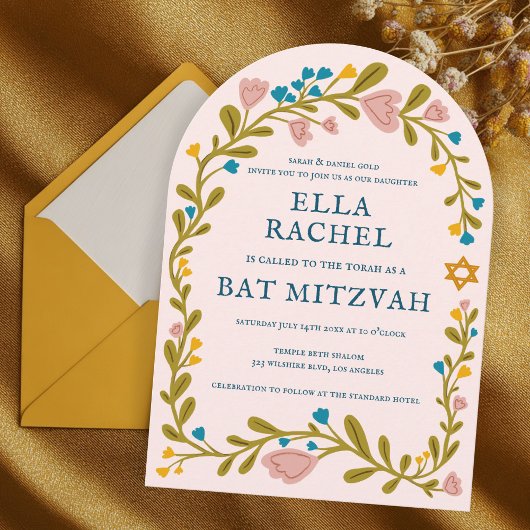 Floral Wreath Bat Mitzvah Hand-drawn Custom Arch 招待状