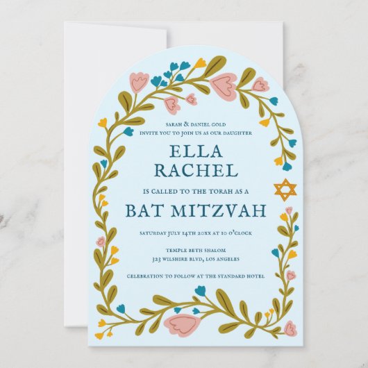 Floral Wreath Bat Mitzvah Hand-drawn Custom PHOTO 招待状 (正面)
