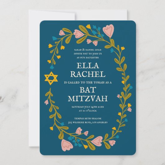 Floral Wreath Bat Mitzvah Hand-drawn Custom Photo 招待状 (正面)