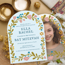 Floral Wreath Bat Mitzvah Hand-drawn Custom PHOTO 招待状