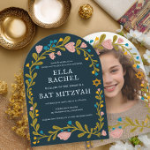 Floral Wreath Bat Mitzvah Hand-drawn Custom PHOTO 招待状