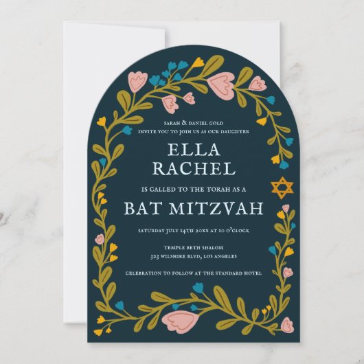 Floral Wreath Bat Mitzvah Hand-drawn Custom PHOTO 招待状 (正面)