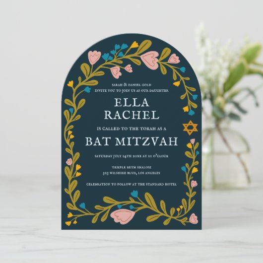 Floral Wreath Bat Mitzvah Hand-drawn Custom PHOTO 招待状 (スタンド正面)