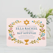 Floral Wreath Bat Mitzvah Hand-drawn Custom QRcode 招待状 (スタンド正面)