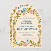 Floral Wreath Bat Mitzvah Hand-drawn Custom QRcode 招待状 (正面/裏面)