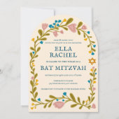 Floral Wreath Bat Mitzvah Hand-drawn Custom QRcode 招待状 (正面)