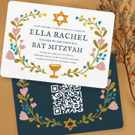Floral Wreath Bat Mitzvah Hand-drawn Custom QRcode 招待状
