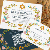 Floral Wreath Bat Mitzvah Hand-drawn Custom QRcode 招待状