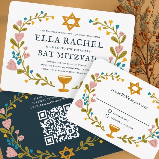 Floral Wreath Bat Mitzvah Hand-drawn Custom QRcode 招待状