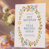 Floral Wreath Bat Mitzvah Hand-drawn Custom Welcom 台座サイン