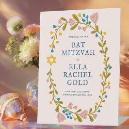Floral Wreath Bat Mitzvah Hand-drawn Custom Welcom 台座サイン