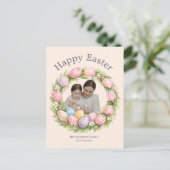 Floral Wreath & Family Photo Personalized Easter  シーズンポストカード (スタンド正面)