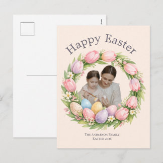 Floral Wreath & Family Photo Personalized Easter  シーズンポストカード