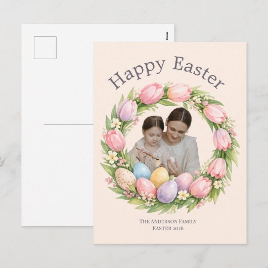 Floral Wreath & Family Photo Personalized Easter  シーズンポストカード (正面/裏面)