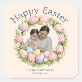 Floral Wreath & Family Photo Personalized Easter スクエアシール