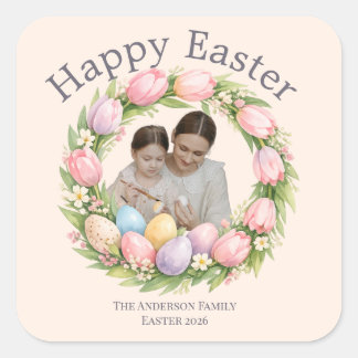 Floral Wreath & Family Photo Personalized Easter  スクエアシール